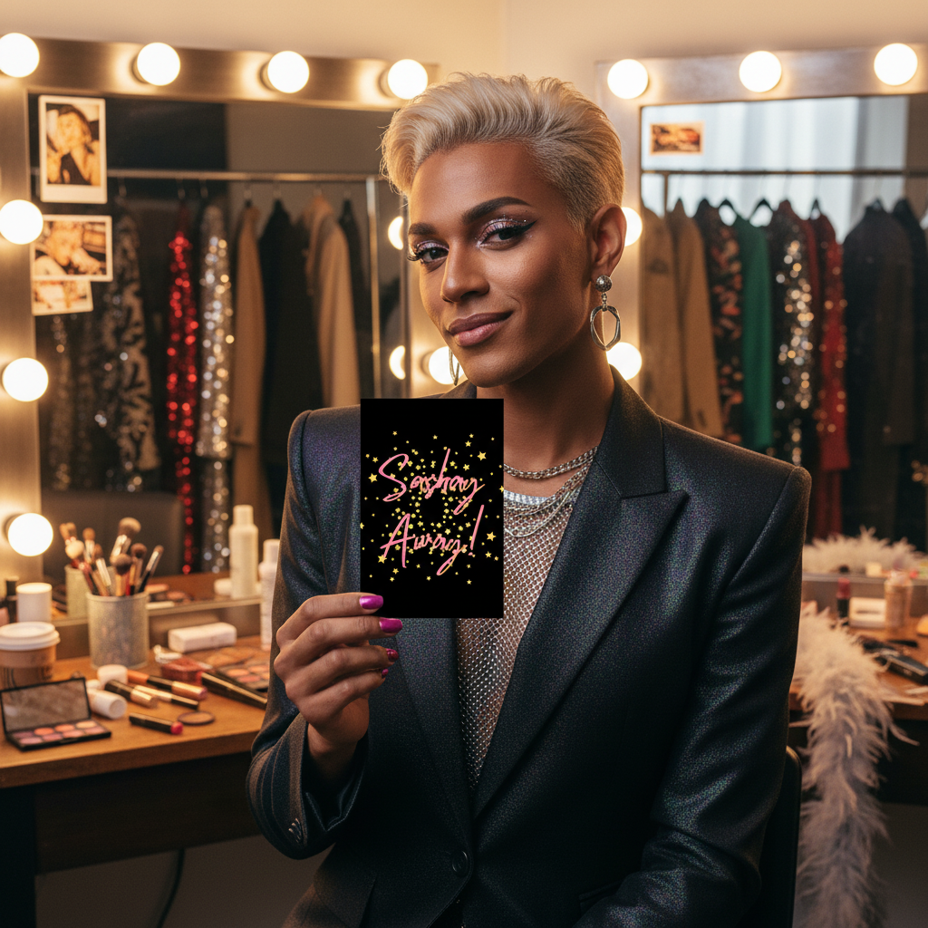 Glittery “Sashay Away” postcard held by a chic person with short blond hair and bold earrings in a fab dressing room of sequins.