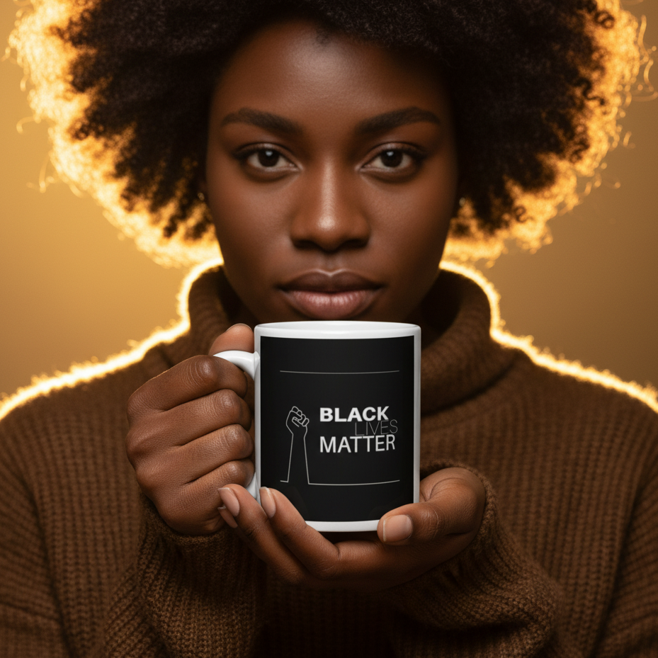 Black mug reading “BLACK LIVES MATTER,” held by a person in a brown sweater
