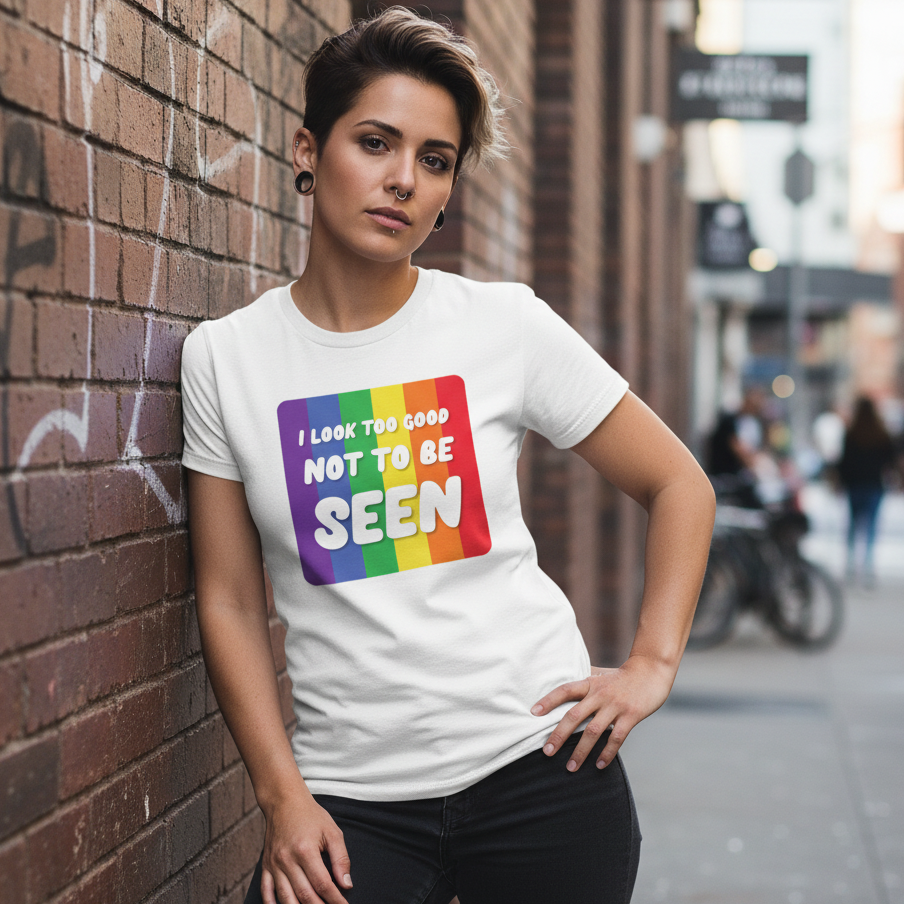 I Look Too Good T-Shirt" with a rainbow graphic and “I LOOK TOO GOOD NOT TO BE SEEN” slogan, worn by a queer person.