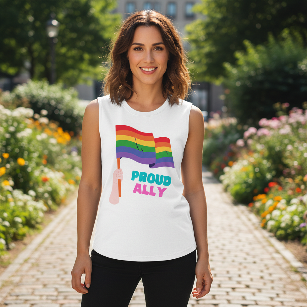 Proud Ally Muscle Top: white tank, hand holding rainbow flag, "PROUD ALLY" in color. Femme ally beams on sunlit flower path.