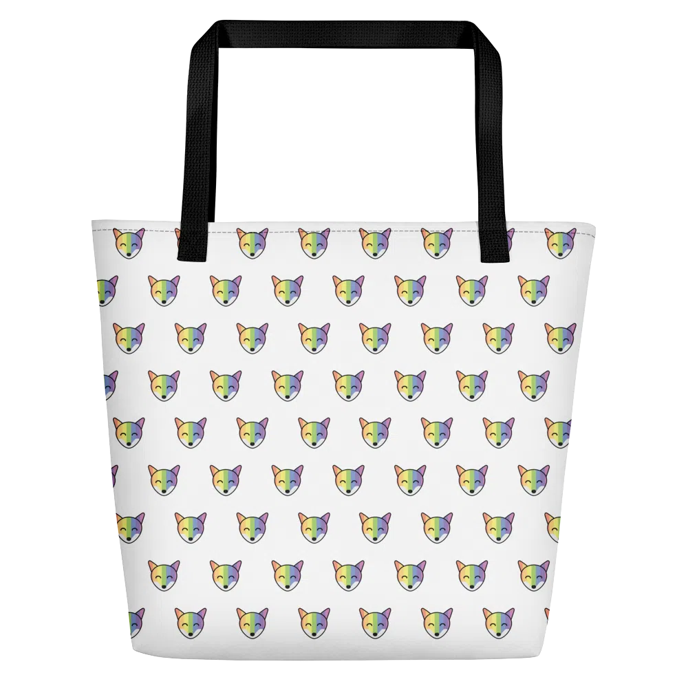 White tote bag with black handles and repeating rainbow fox face print