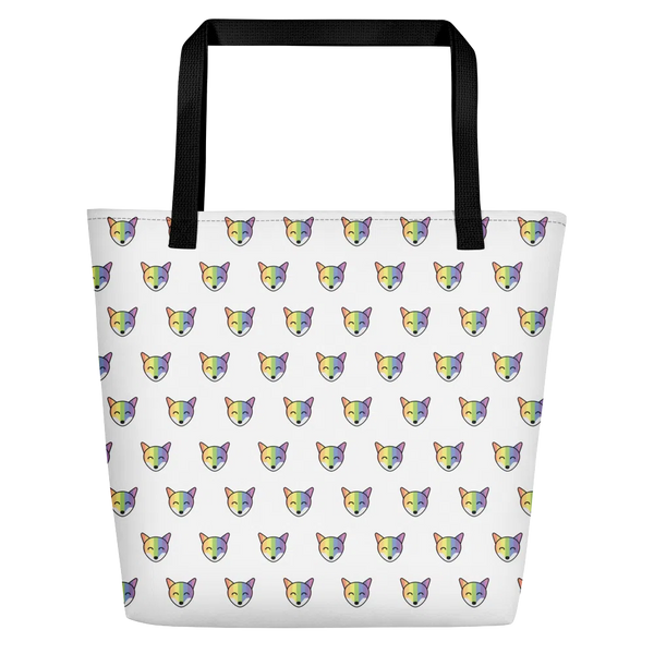 White tote bag with black handles and repeating rainbow fox face print
