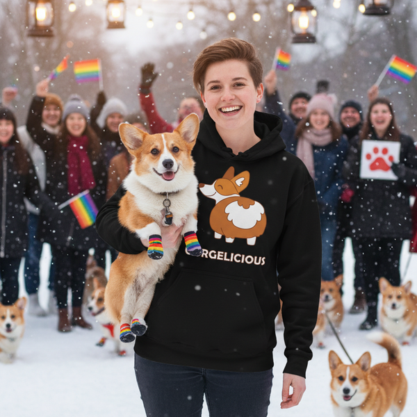 Black corgi graphic hoodie worn in a snowy Pride gathering