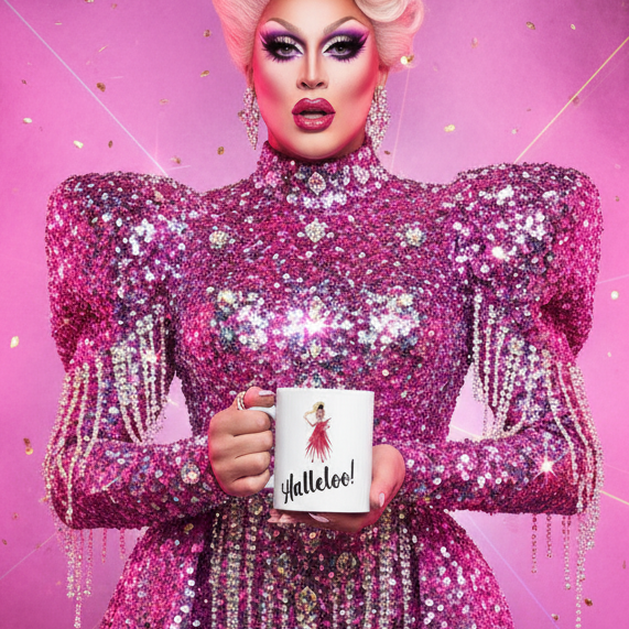 “Halleloo!” drag queen mug held by a sequined performer in a pink costume