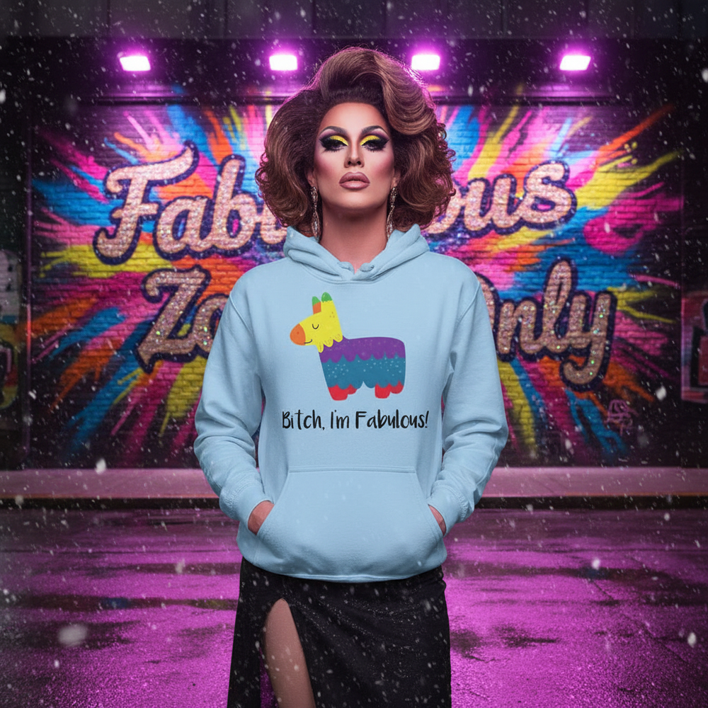 Drag performer wearing a light blue hoodie with a colorful llama and “Bitch, I’m Fabulous!” slogan