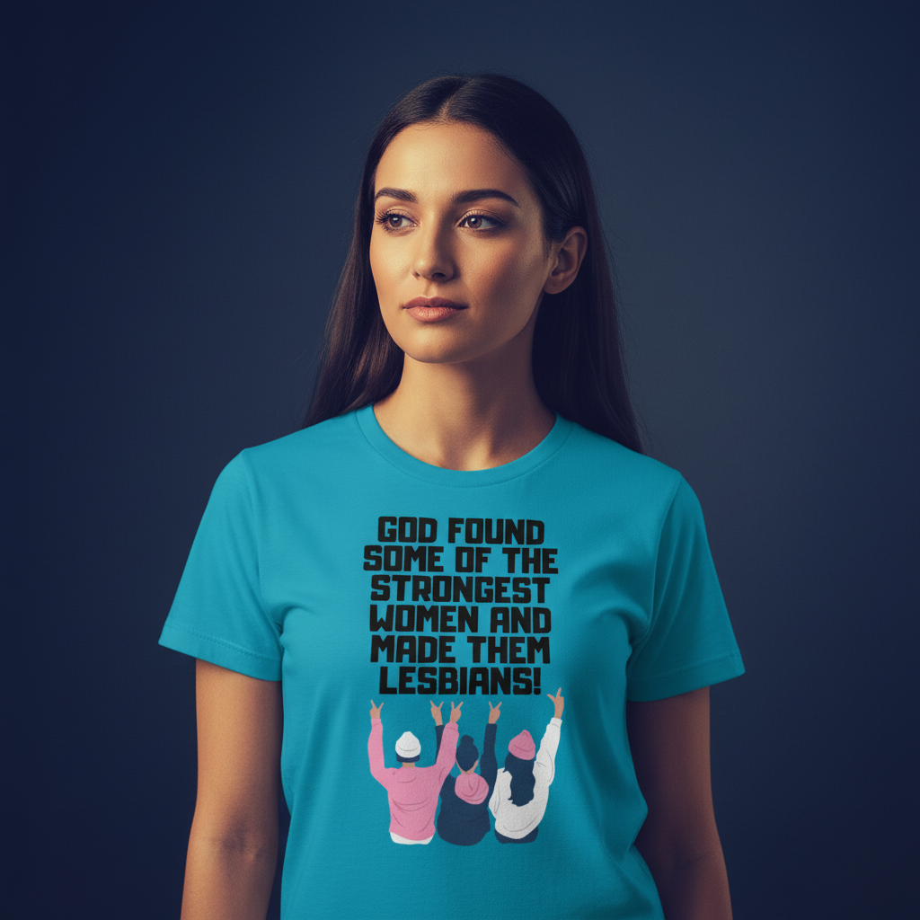 T-shirt with "GOD FOUND SOME OF THE STRONGEST WOMEN AND MADE THEM LESBIANS!" and three women raising arms; worn by a woman.