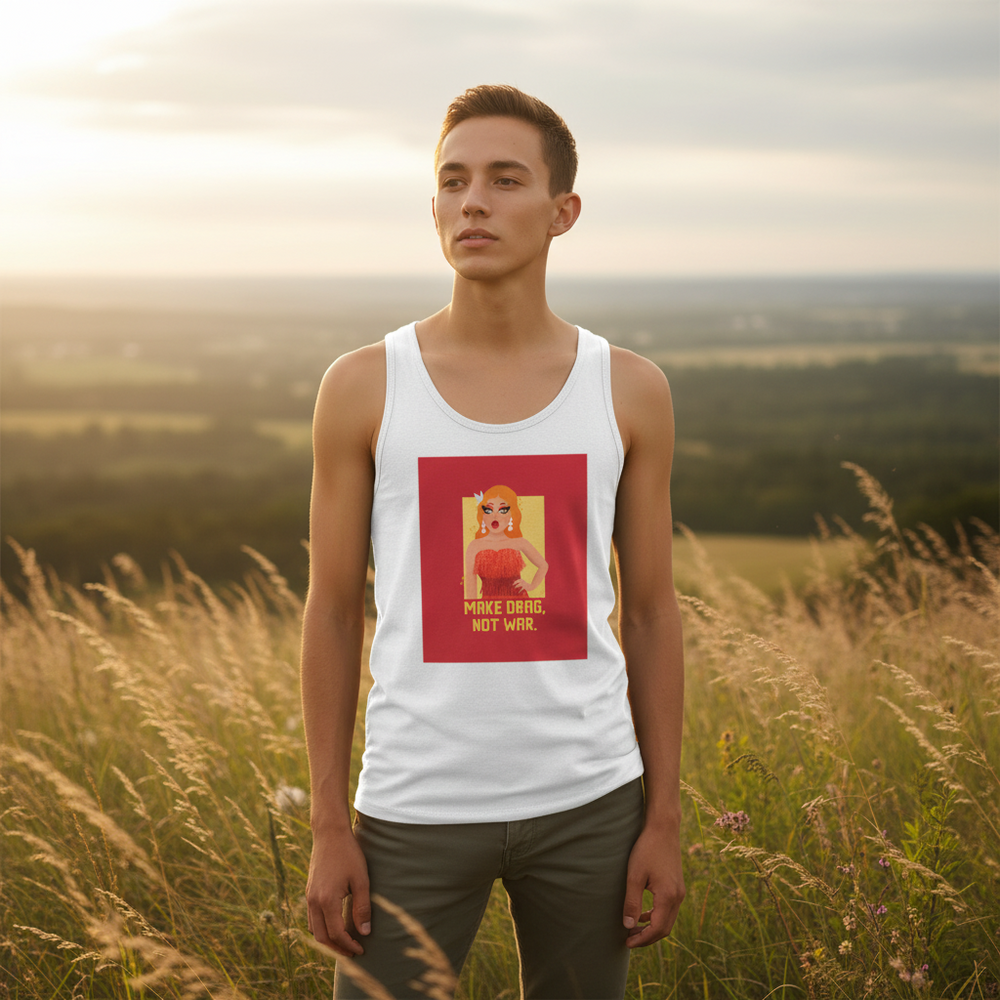 Make Drag Not War Unisex Tank Top with a bold “MAKE DRAG, NOT WAR” slogan and blonde drag queen graphic, worn in tall grass.