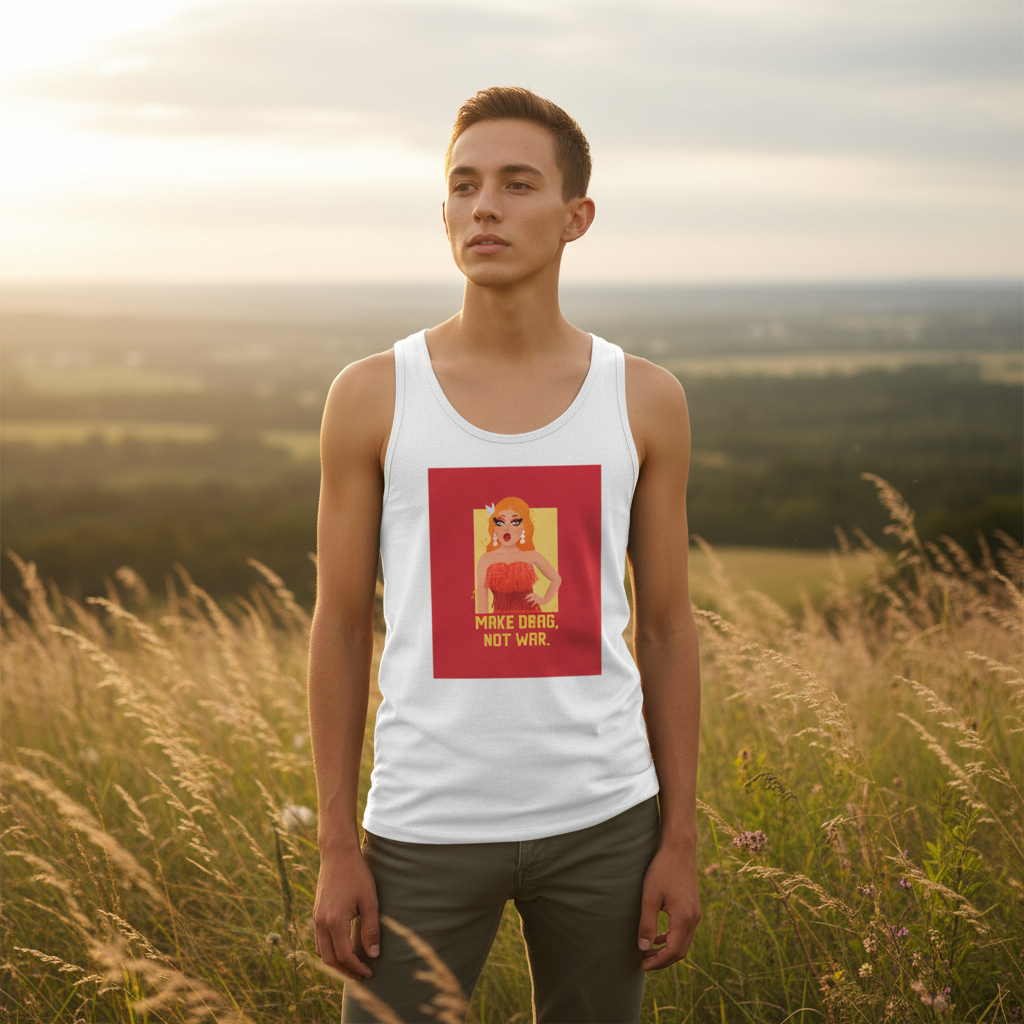 Make Drag Not War Unisex Tank Top with a bold “MAKE DRAG, NOT WAR” slogan and blonde drag queen graphic, worn in tall grass.