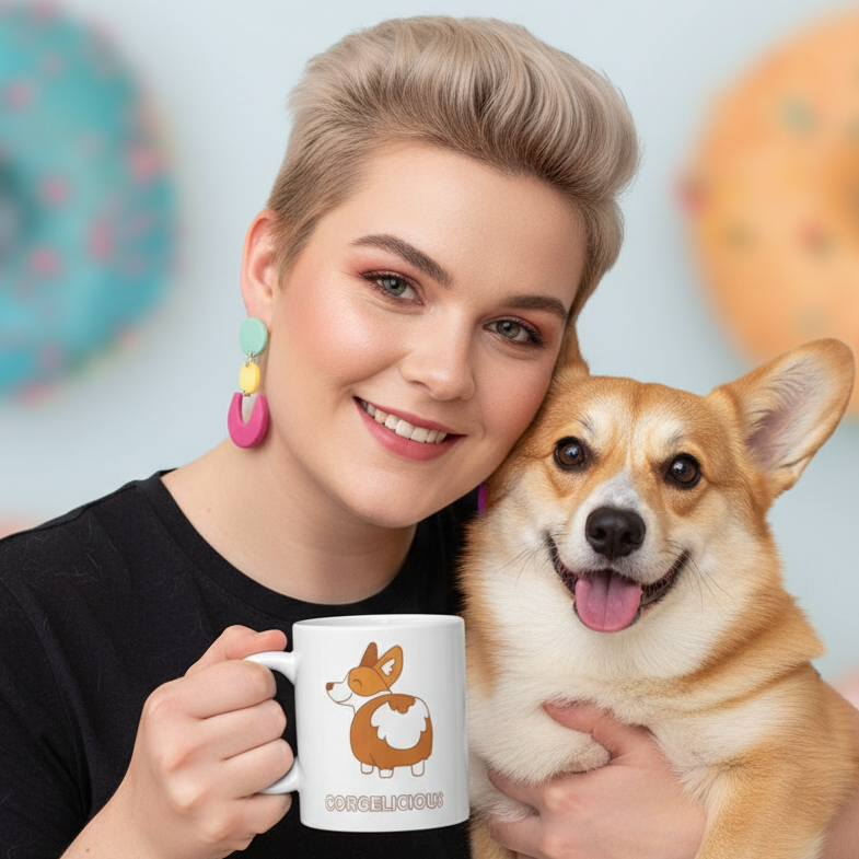 Corgi illustration mug reading “CORGELICIOUS,” held beside a smiling corgi