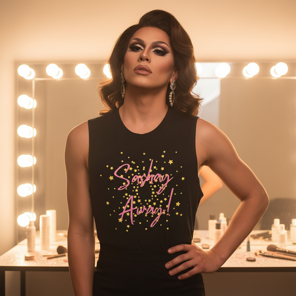 Sashay Away Muscle Top with vibrant stars, modeled by a person in drag makeup and earrings under glowing vanity lights.