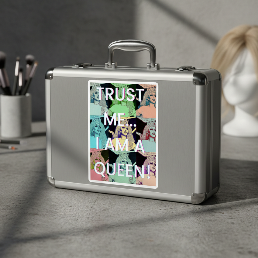 “TRUST ME... I AM A QUEEN!” sticker displayed on a silver briefcase