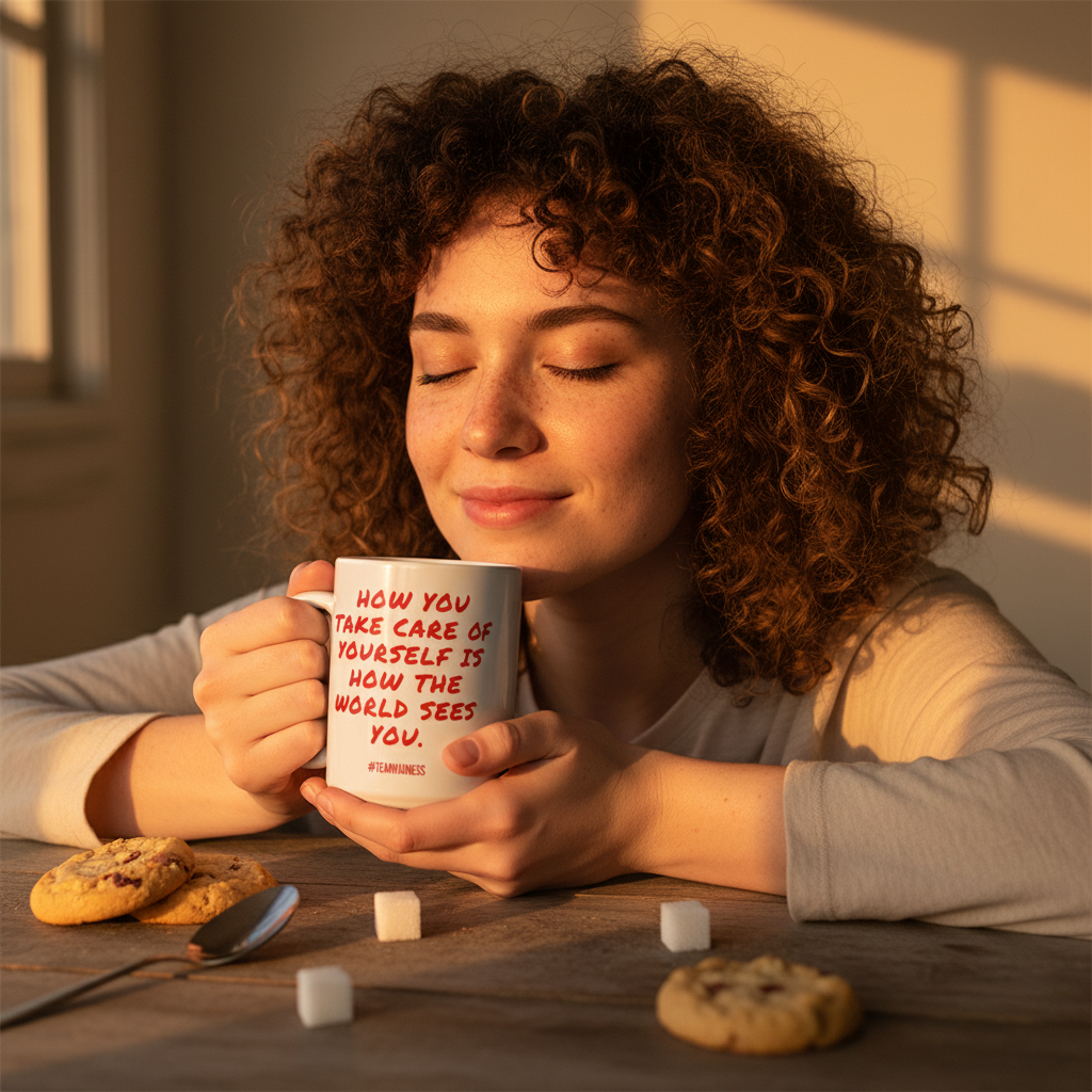 A young woman enjoys a peaceful moment with the “How You Take Care Of Yourself” mug, embracing LGBTQIA+ pride and self-expression with cookies at a sunlit table, celebrating empowerment and visibility.