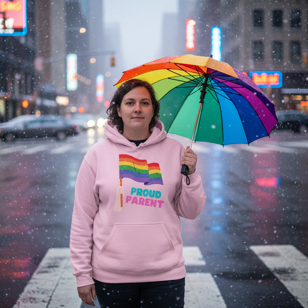 Pink Proud Parent hoodie with rainbow flag graphic, worn in a snowy city street scene