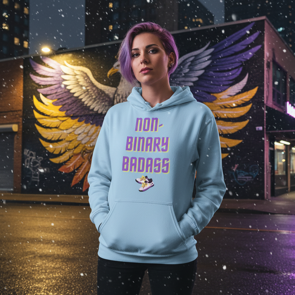 Light blue non-binary “BADASS” hoodie with purple and yellow lettering, worn in a snowy city scene