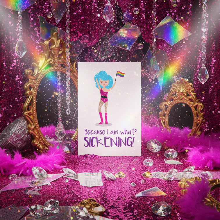Close-up of “Because I am what? SICKENING!” postcard with a blue-haired figure holding a rainbow flag
