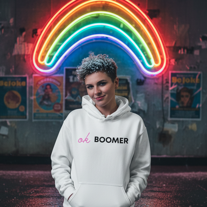 Model wearing a white hoodie with pink and black “ok BOOMER” text beneath a rainbow neon sign