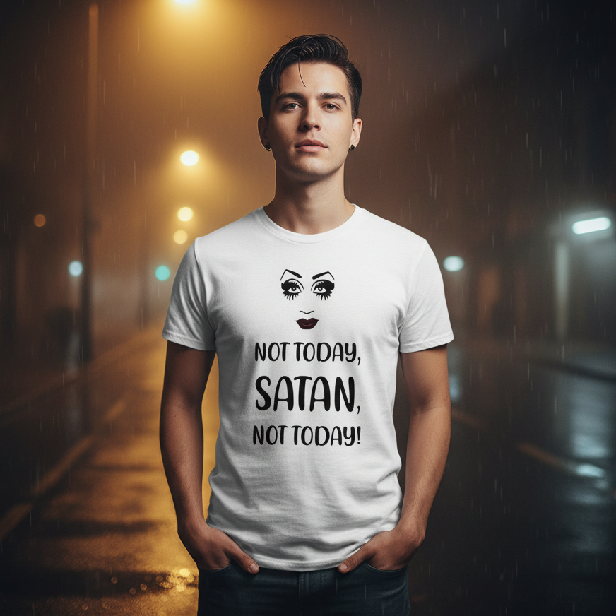 Not Today Satan T-shirt with bold stylized face and “NOT TODAY, SATAN, NOT TODAY!”, worn by a young man in rain at night.