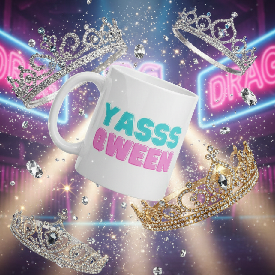 White ceramic YASSS QWEEN mug with chunky teal and pink lettering, floating amidst jeweled crowns and diamond-like gems, exuding celebratory drag-show vibes. Perfect for embracing LGBTQIA+ pride and self-expression.