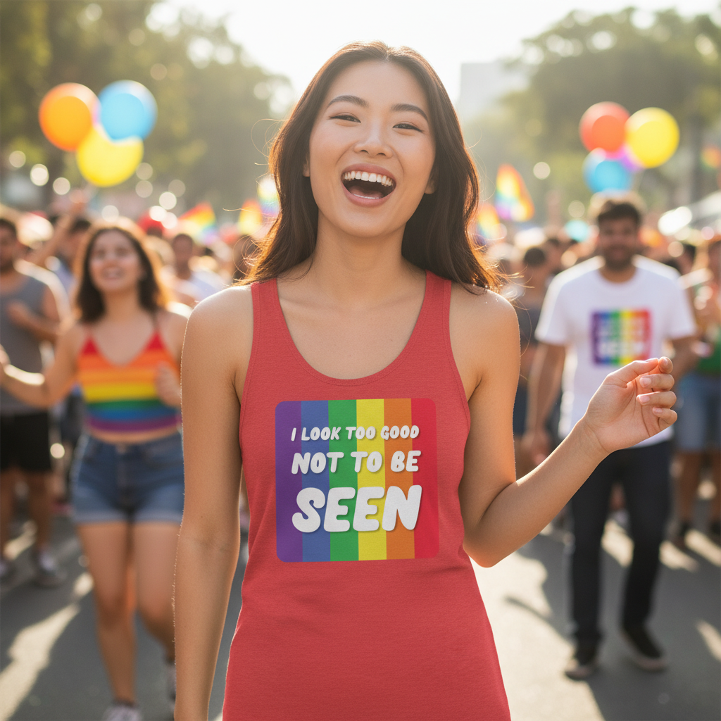 Unisex tank top in bold red with rainbow stripes and "I LOOK TOO GOOD NOT TO BE SEEN" slogan, worn at a pride parade.