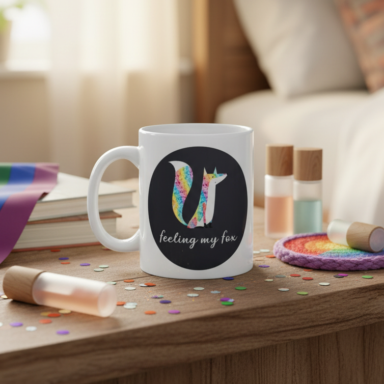 White mug with a colorful fox illustration and “feeling my fox” text on a bedside table