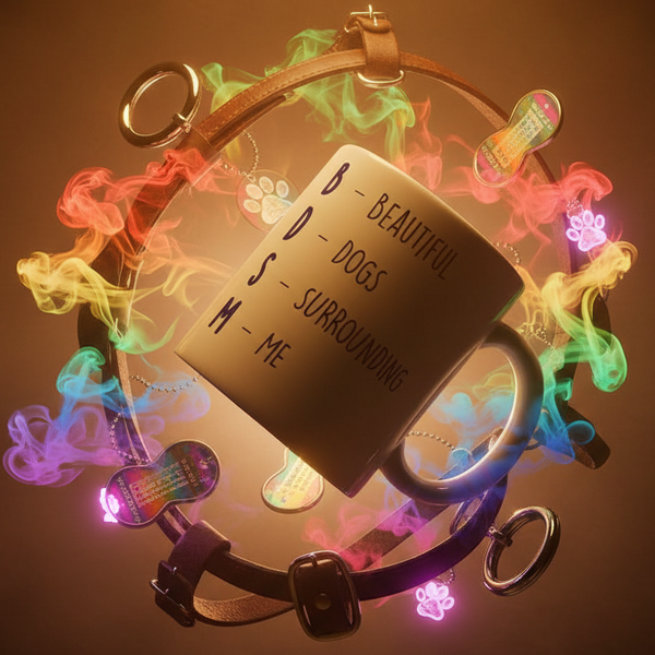 BDSM mug reading “B – Beautiful Dogs Surrounding Me,” surrounded by leather collars and colorful smoke