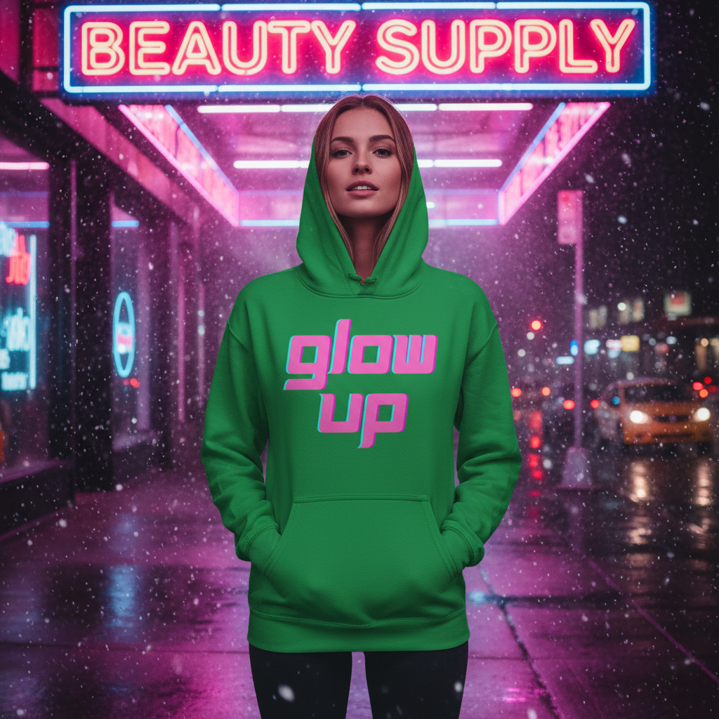 Model wearing a green hoodie with pink-and-blue “glow up” lettering in a neon-lit street