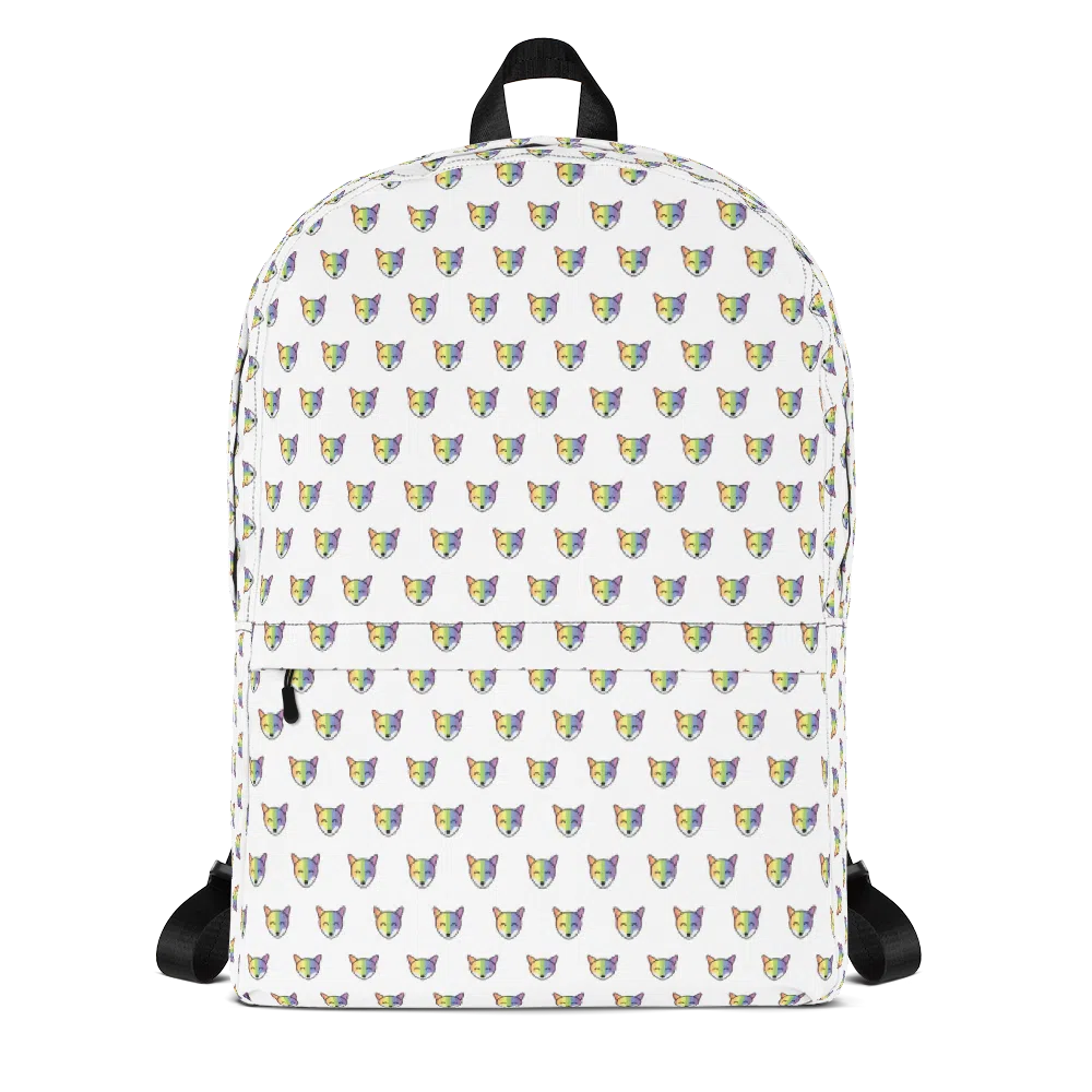 White backpack with a repeating rainbow fox face pattern, shown from the front