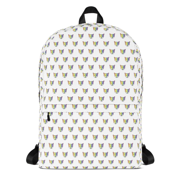 White backpack with a repeating rainbow fox face pattern, shown from the front