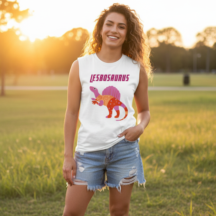 Lesbosaurus Muscle Top with a colorful dino graphic and “LESBOSAURUS” slogan, styled with ripped denim shorts at sunset.