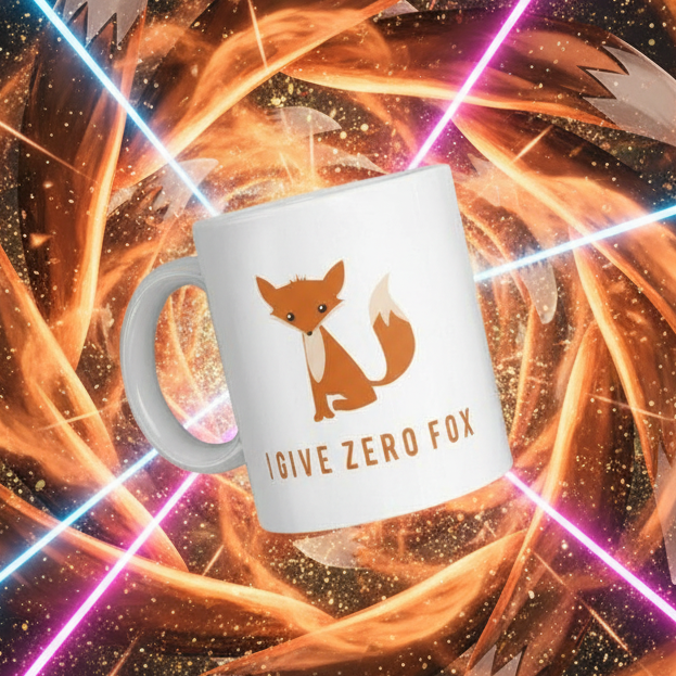 White mug with an orange fox illustration and “I GIVE ZERO FOX” text against a cosmic background