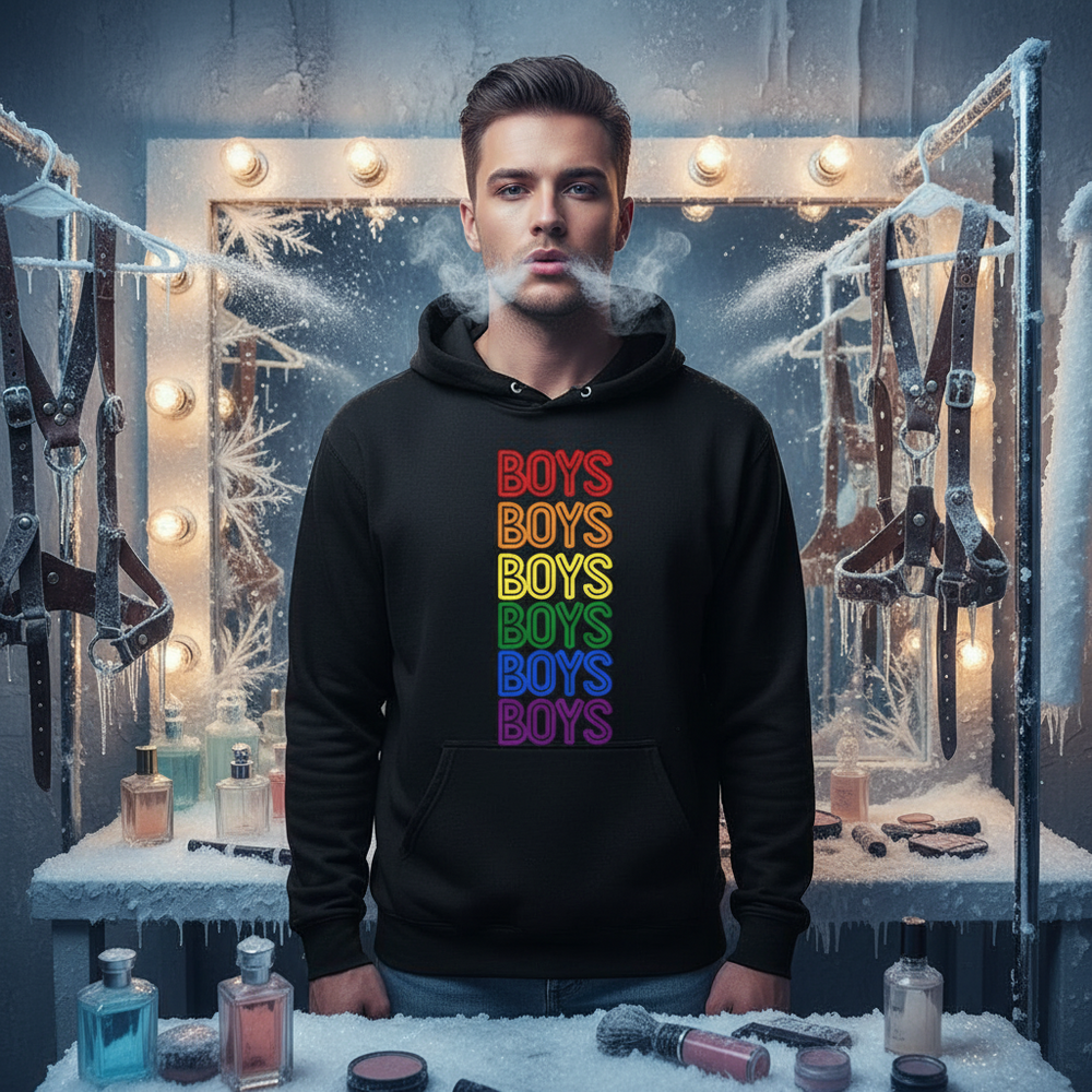 Model wearing a black hoodie with stacked rainbow “BOYS” lettering in an icy dressing room
