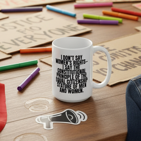 White mug printed with “I DON'T SAY WOMEN'S RIGHTS—” and constitutional text, on a craft table