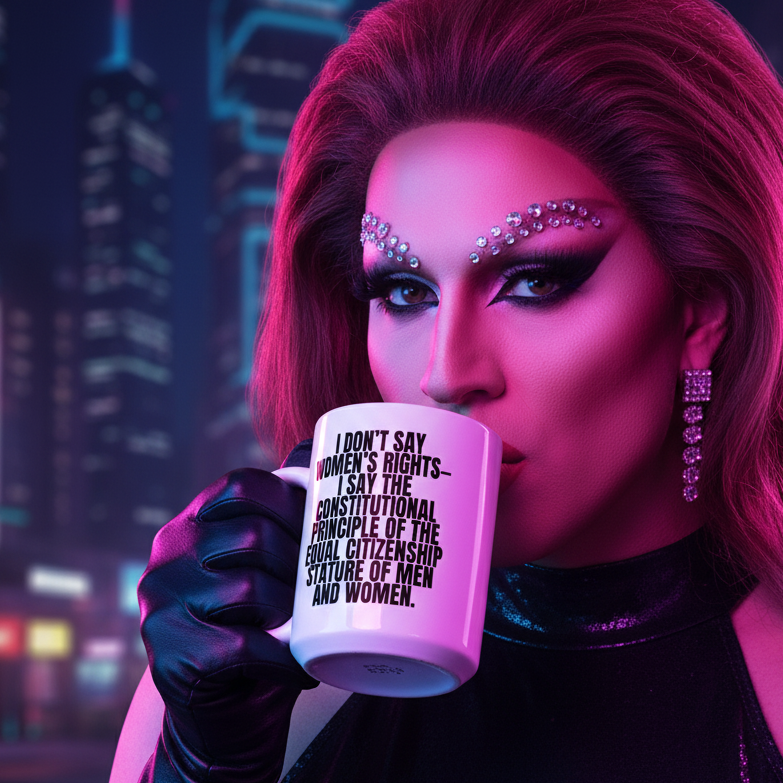 Close-up of a drag performer holding an “I DON’T SAY WOMEN’S RIGHTS...” white slogan mug