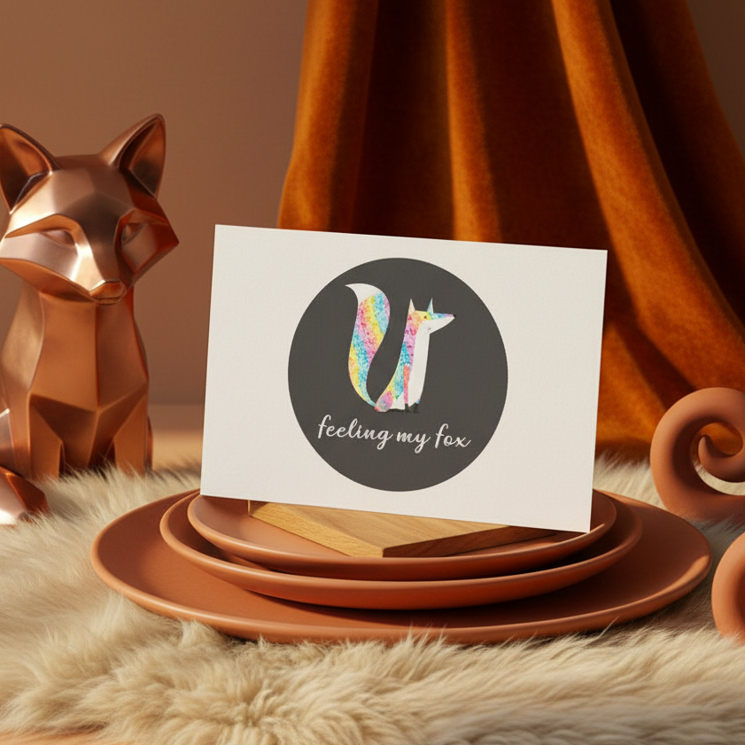 Queer postcard with “feeling my fox” text and a bold, vibrant fox, propped on wood, touches of fur and metallic décor behind.