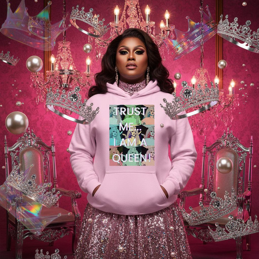 Pink hoodie with “TRUST ME... I AM A QUEEN” graphic, modeled in a crown-filled throne room