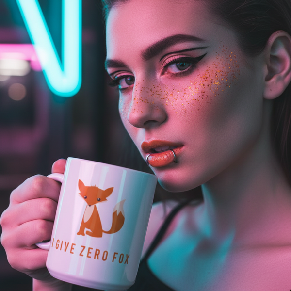 White mug with an orange fox and “I GIVE ZERO FOX” text, held by a person