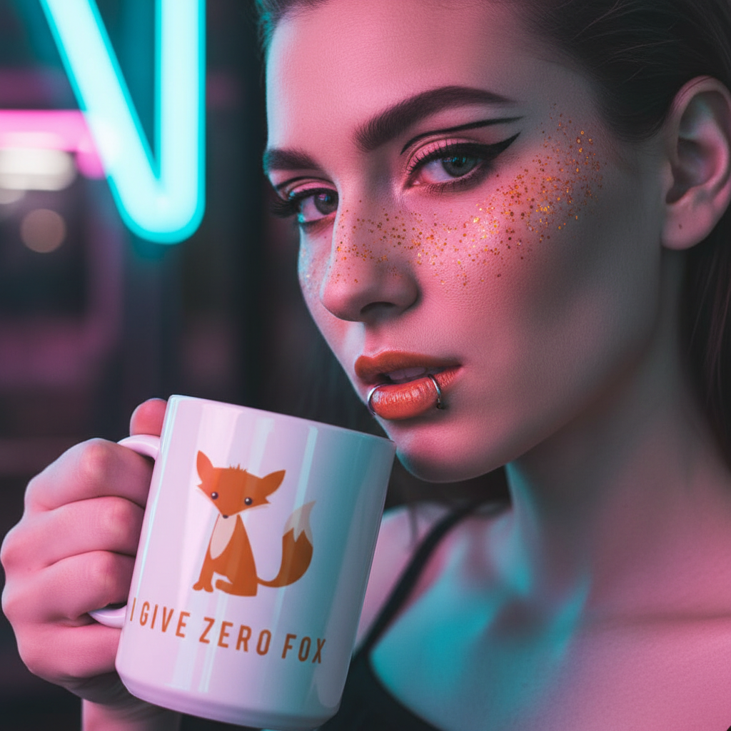 Young woman holds an I Give Zero Fox mug featuring a cartoon fox, embodying bold queer energy with a playful message. Her vibrant makeup complements the mug's sturdy, glossy design, showcasing prideful self-expression.