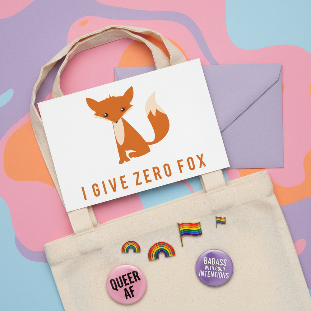 Beige tote bag with rainbow pride pins and slogan buttons, plus "I Give Zero Fox" cartoon fox postcard and lavender envelope.