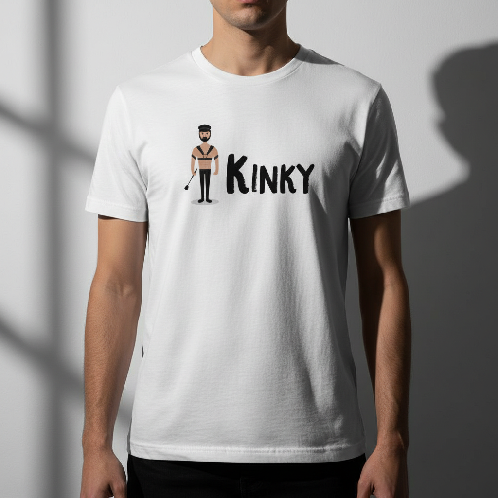 Unisex cotton pride tee reads “KINKY” with a cartoon in bondage gear; man models against white wall, face turned from camera.