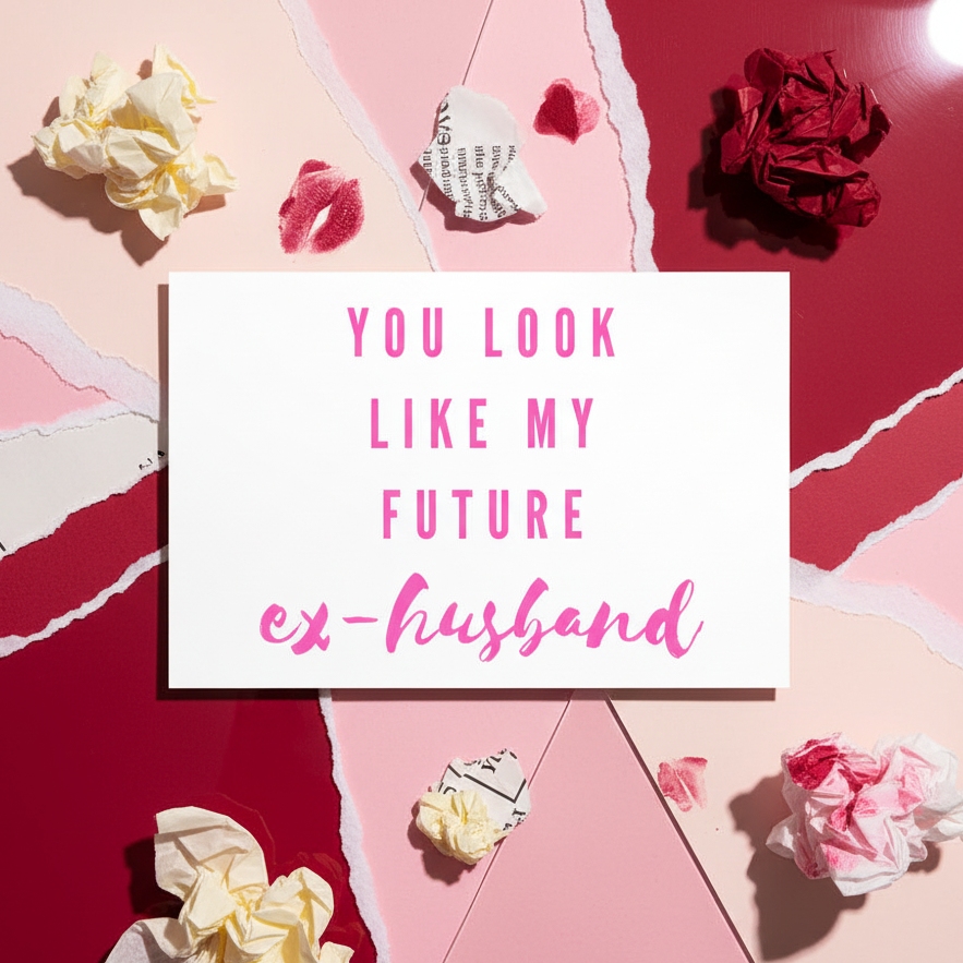 Gay postcard with bold pink “You Look Like My Future Ex-Husband” text on white, styled atop torn pink-red paper and petals.