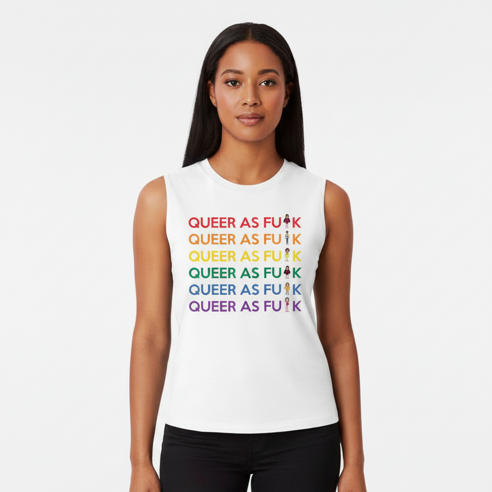 Sleeveless white muscle top with “QUEER AS FU#K” in rainbow text, pride symbol hashtags; femme-presenting, plain backdrop.