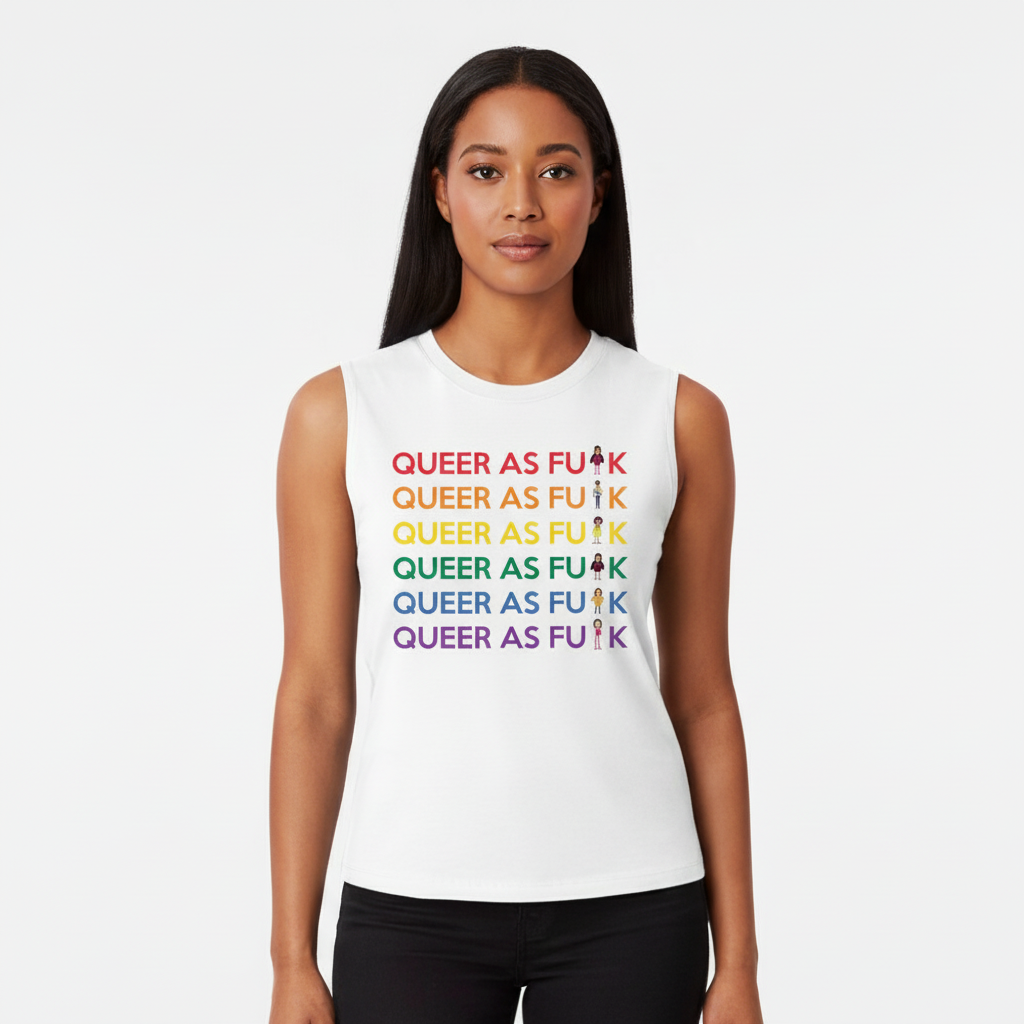 Sleeveless white muscle top with “QUEER AS FU#K” in rainbow text, pride symbol hashtags; femme-presenting, plain backdrop.