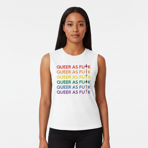 Sleeveless white muscle top with “QUEER AS FU#K” in rainbow text, pride symbol hashtags; femme-presenting, plain backdrop.