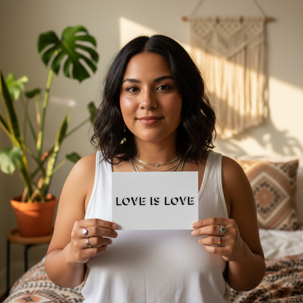 Love Is Love Postcard" held by a queer femme in white tank and layered chains; pride stickers, monstera, and macramé nearby.