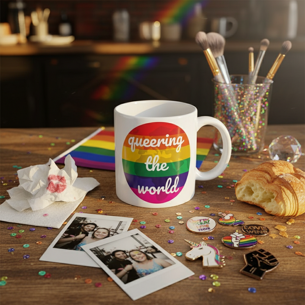 White mug reading “queering the world” over rainbow Pride stripes