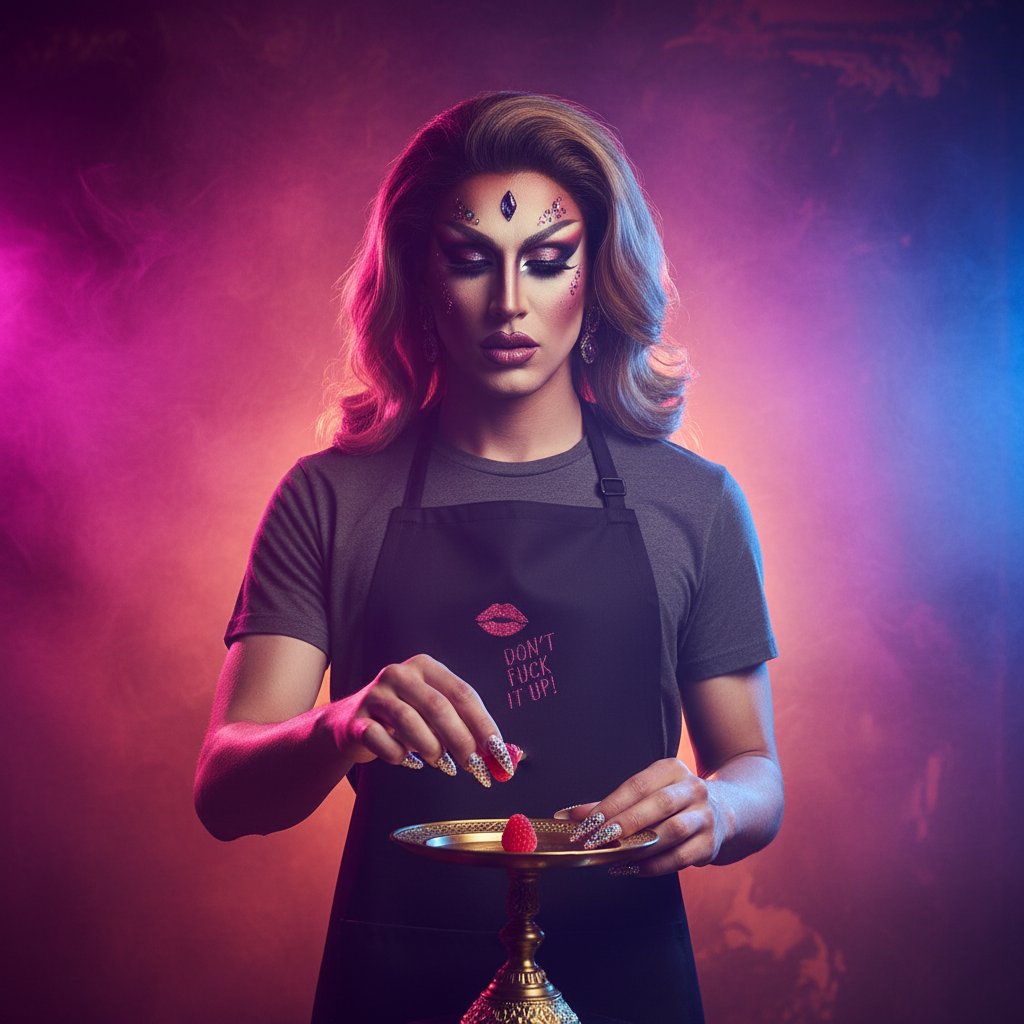 Person in glamorous drag style showcases the Don't Fuck It Up! Embroidered Apron with glittery lip icon, embodying RuPaul's empowering mantra, while placing raspberries on a gold dish.