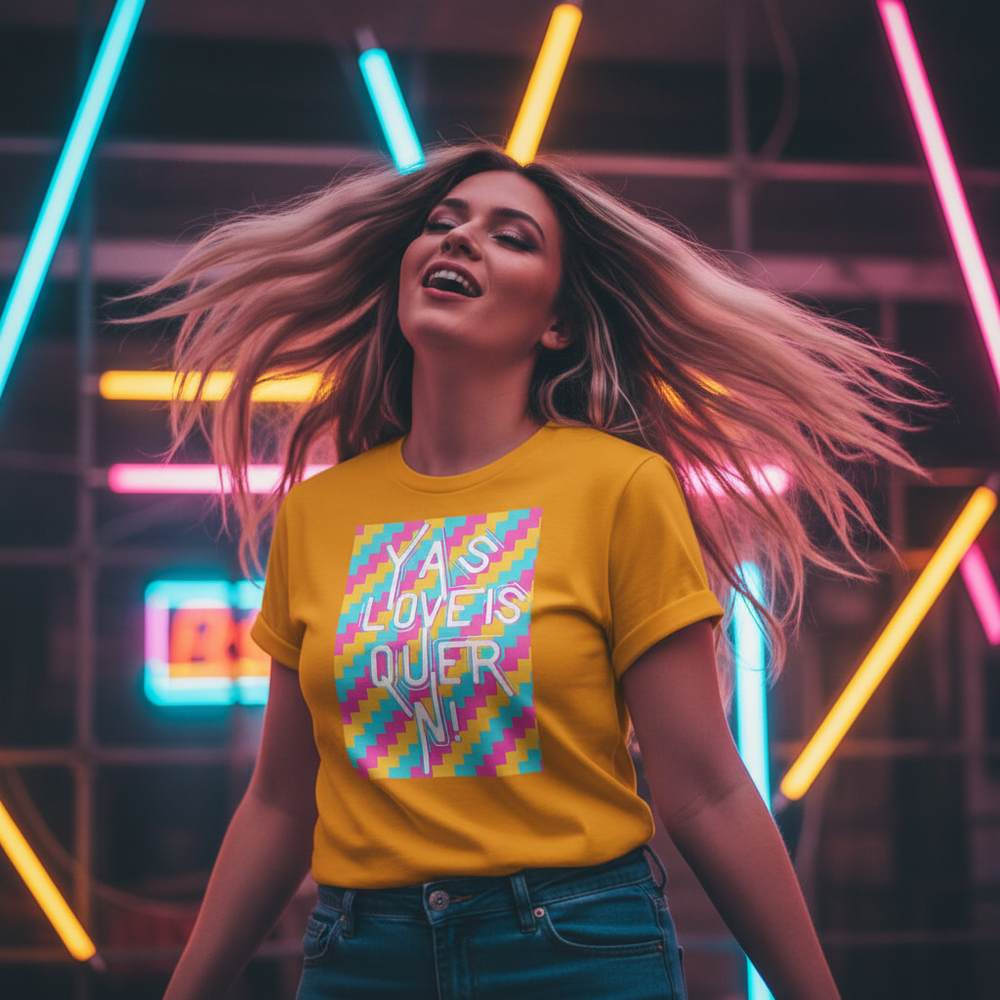 Bright yellow unisex Yasss Queen T-shirt with pixelated rainbow and bold "LOVE IS QUEER" text, worn by a beaming person.