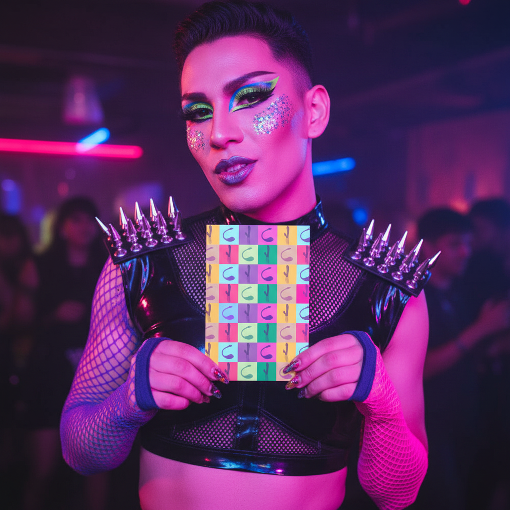 Vibrator Postcard with a geometric rainbow pattern held by a person in queer glam—spiked black outfit, bold makeup, club lights.