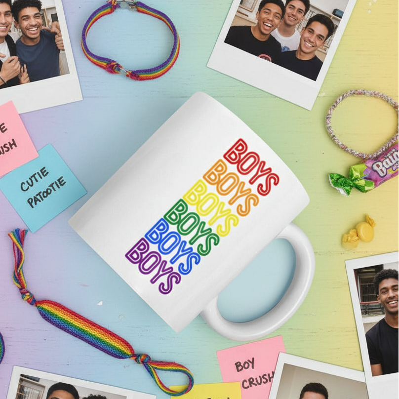White mug printed with repeated rainbow-colored “BOYS” lettering, styled on a Pride-themed tabletop