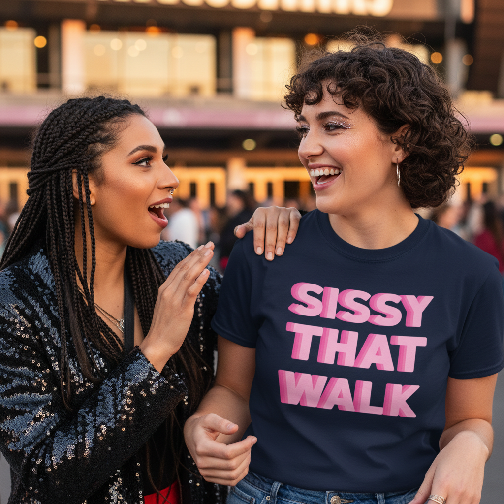 Sissy That Walk" T-shirt and a sparkling sequin jacket worn by two joyful queer women, smiling with a crowd and bright building behind.